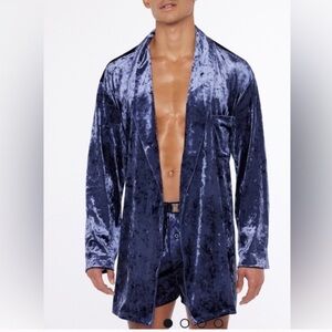 Men’s Fenty Savage Whiskey Smoking Room Jacket Blue Velvet Robe With Tie Small